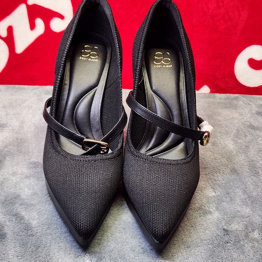 Cosy Island Womens 7.5 Black Mary Jane Pumps Pointed Toe Stiletto Heels...